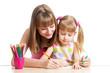 mother and her daughter pencil together
