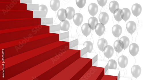 Illustration: white stairs with red carpet and white balloons on background white stairs with red carpet and white balloons on background