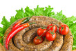 grilled meat sausages with lettuce, close-up