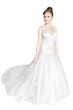 bride in white dress standing at full length on white