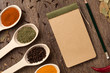 Old notebook, spices in spoons