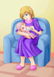 Illustration: Cartoon illustration of a mother nursing her baby with pacifier Cartoon illustration of a mother nursing her baby with pacifier