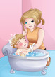 Illustration: Cartoon illustration of a mother bathing her child Cartoon illustration of a mother bathing her child