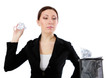 Woman throwing paper in the trash, isolated on white background