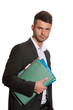 Smart handsome business man with files - on white