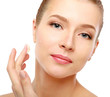 Happy woman touching her face isolated on whire background