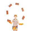 Female construction worker juggling bricks isolated on white bac