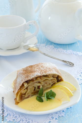 Photo: Viennese strudel with vanilla sauce. Viennese strudel with vanilla sauce.
