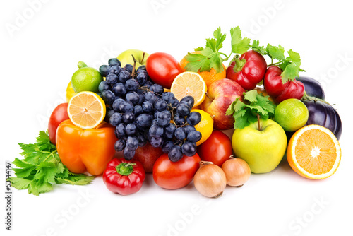 set of different fruits and vegetables on white background
