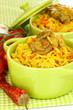Delicious pilaf with vegetables close up