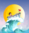 A girl reading on a boat at the top of the big wave