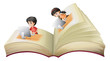 An open book with a girl and a boy with computers