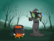 Vector: A scary witch at the forest with a pot and a bird A scary witch at the forest with a pot and a bird