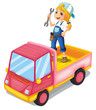A girl standing above the pink truck