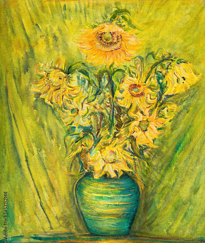 Photo: Vivid Sunflowers Bouquet Over Green Background Vivid Sunflowers Bouquet Over Green Background