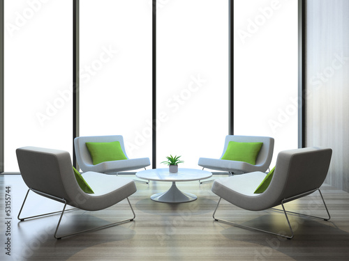Illustration: Modern interior with four armchairs and coffe table Modern interior with four armchairs and coffe table