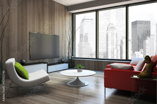 Illustration: Modern interior with red sofa 3D rendering Modern interior with red sofa 3D rendering