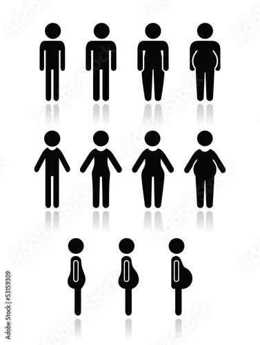 Vector: Man and women body type icons - slim, fat, obese, thin, Man and women body type icons - slim, fat, obese, thin,