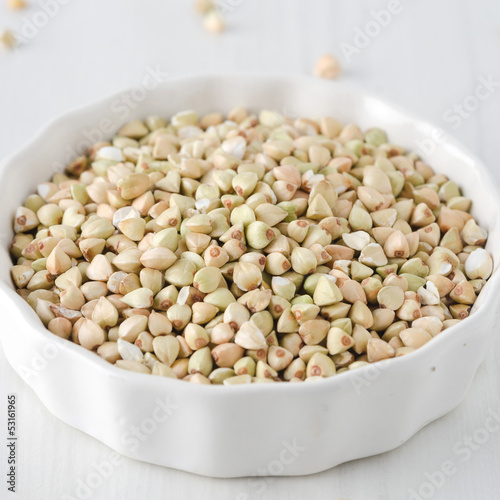 Photo: green buckwheat in a white bowl green buckwheat in a white bowl