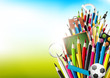 Vector: Colorful crayons with school supplies Colorful crayons with school supplies