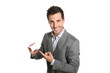 Successful businessman showing business card