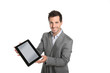 Smiling businessman presenting website on tablet