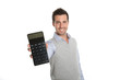 Cheerful guy showing good figures on calculator