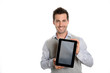 Startup businessman showing tablet screen