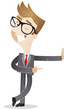 Businessman, leaning against wall, winking, pointing