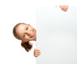 young woman holding a white blank empty billboard isolated