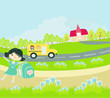 school bus heading to school with happy children