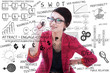 Business marketing woman write on transparant glass