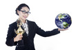 Successful businesswoman hold trophy and globe