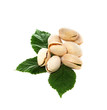 Pistachio nuts with leaves. Isolated on a white background.