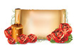 Red roses background candle