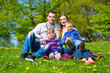 Happy family sitting in summer meadow