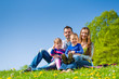 Happy family sitting in summer meadow