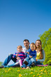Happy family sitting in summer meadow