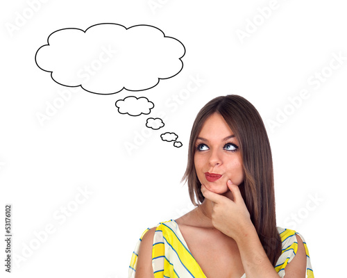 Photo: Attractive girl looking up imagining Attractive girl looking up imagining