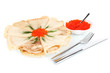 Photo: Delicious pancakes with red caviar isolated on white Delicious pancakes with red caviar isolated on white