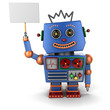 Vintage toy robot with sign over white background