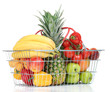 Photo: Assortment of fresh fruits and vegetables in metal basket, Assortment of fresh fruits and vegetables in metal basket,