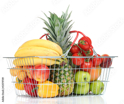 Photo: Assortment of fresh fruits and vegetables in metal basket, Assortment of fresh fruits and vegetables in metal basket,