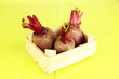 Young beets on wooden box on wooden table close-up