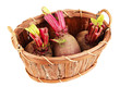 Young beets on basket  isolated on white
