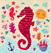 Vector cartoon marine illustration with seahorse