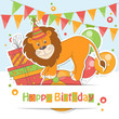 Vector: Happy Birthday card with cute little lion. Happy Birthday card with cute little lion.