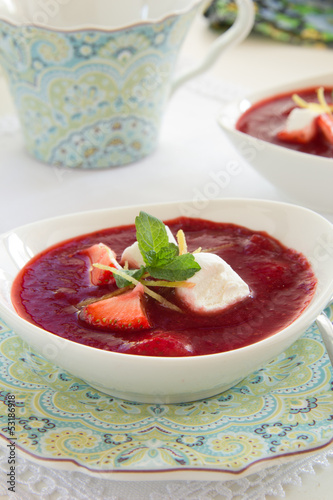 Photo: Dessert. Strawberry soup with cream. Dessert. Strawberry soup with cream.