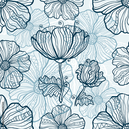 Vector: Monochromatic poppy flowers seamless pattern Monochromatic poppy flowers seamless pattern