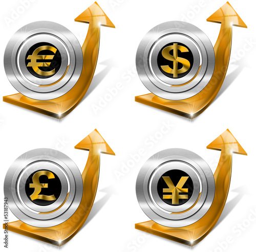 Illustration: Dollars Pound Euro Yen Growth - Positive Arrow Dollars Pound Euro Yen Growth - Positive Arrow